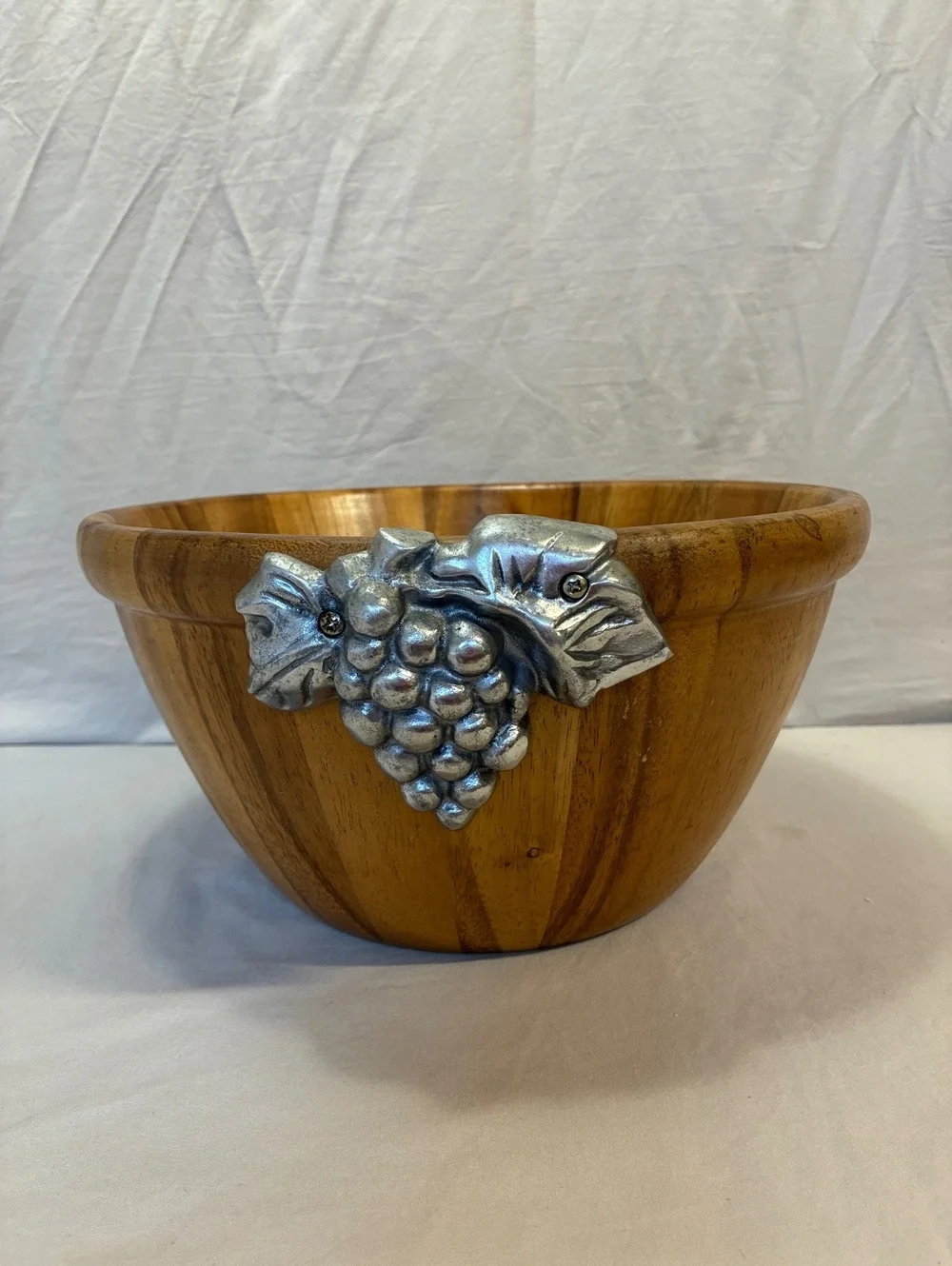 Bella Vineyard Wooden Bowl with Silver Grape Cluster Accent, Made in Thailand